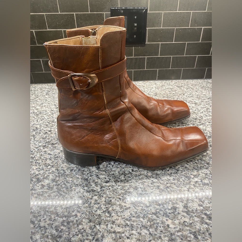 Lee Kee Vintage Cognac Brown Leather Buckle Strap Boots